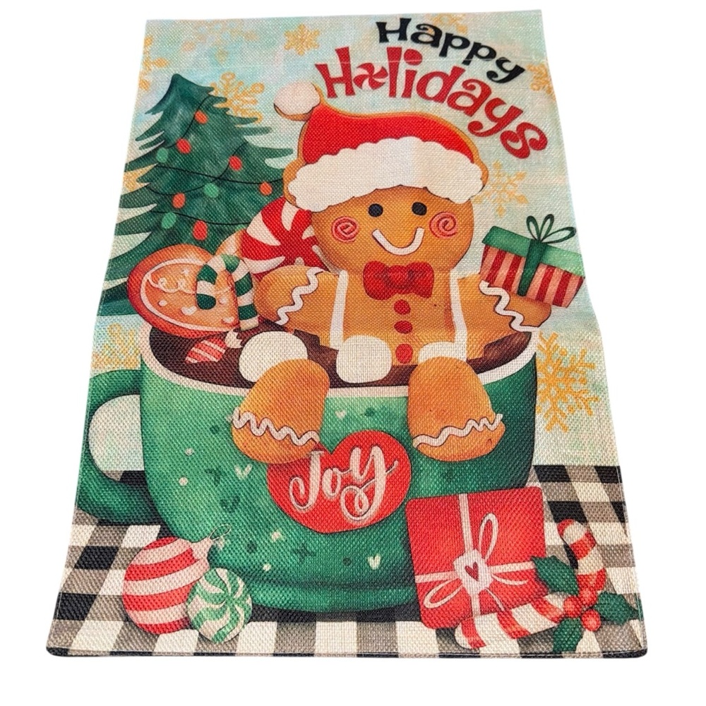 Happy Holidays  Garden Flag 12”x18” Doubled Sided Gingerbread New Without Tags
